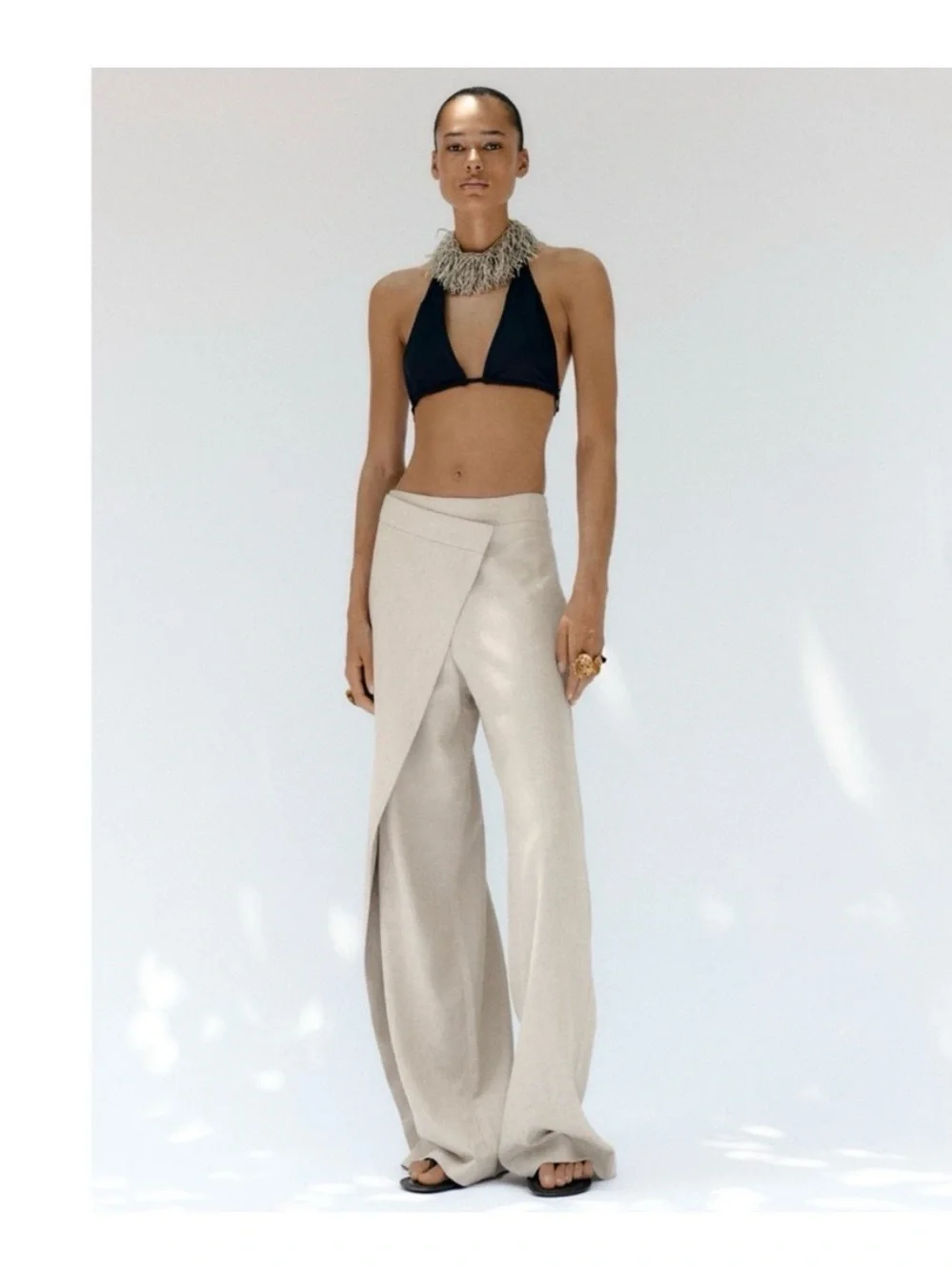 Zara Pareo Wrap-Front Wide Leg Linen Pants in Light Beige